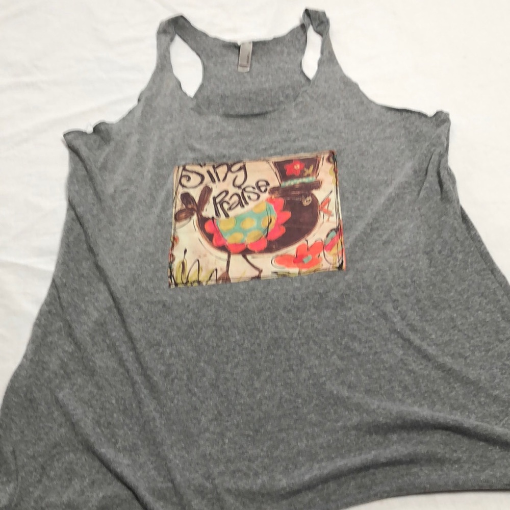 Next Level Apparel brand gray muscle/tank style workout top.  “Sing Praise”.